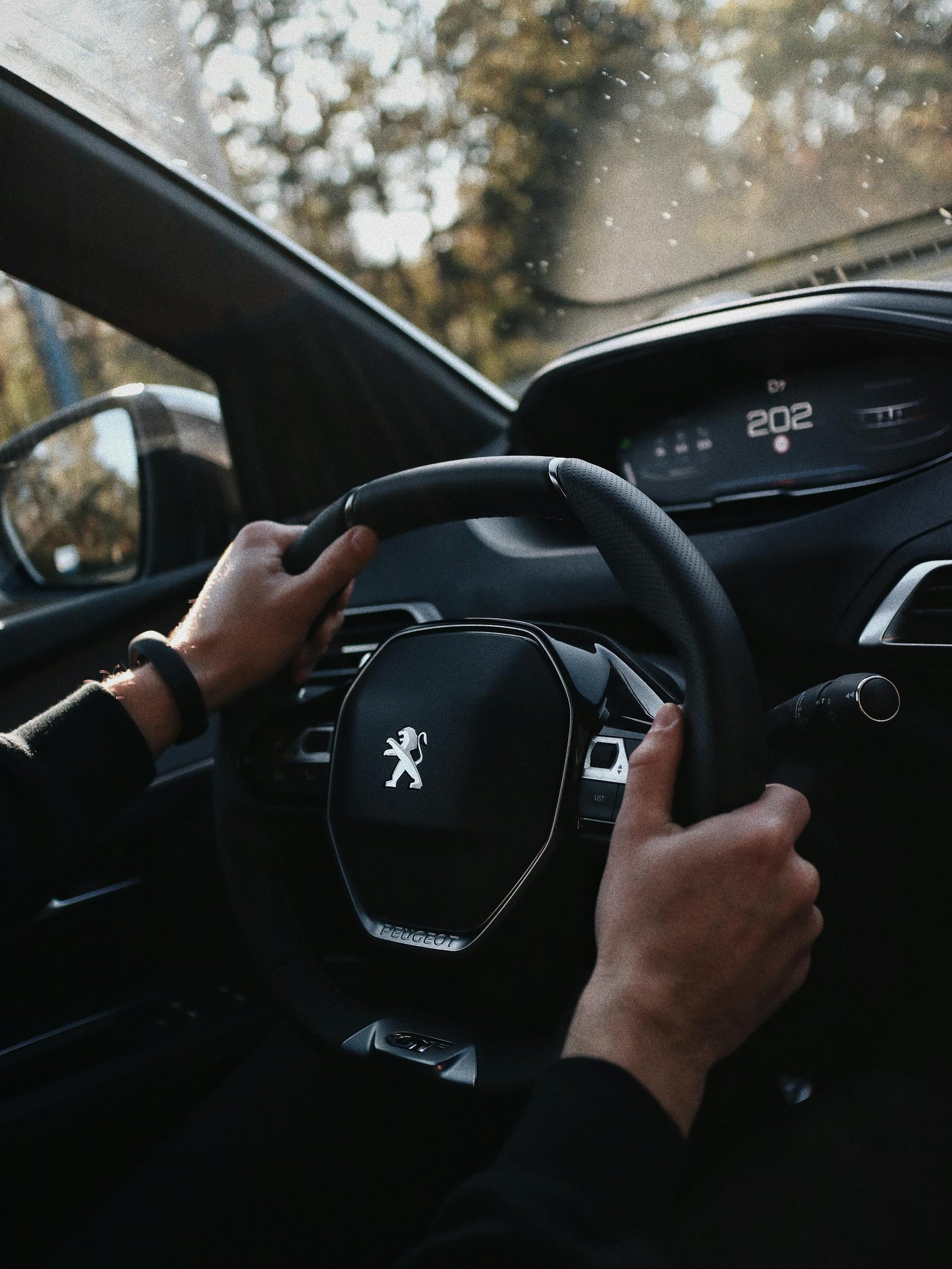 A driver navigates a modern vehicle in a sunlit setting, showcasing the steering wheel and dashboard.